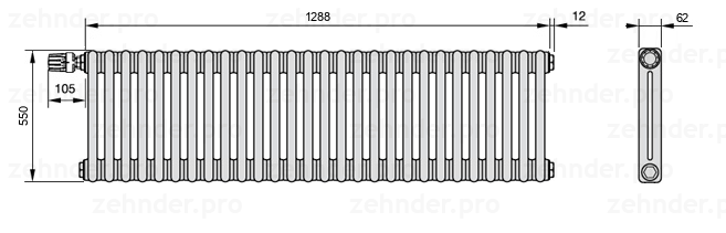 Схема (чертеж) Радиатор Zehnder Charleston 2055/28 №V012 Белый глянцевый RAL 9016